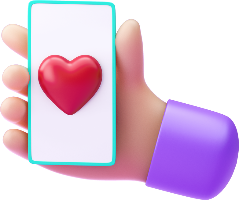 Hand holding a cellphone with 3D heart icon. 3D render